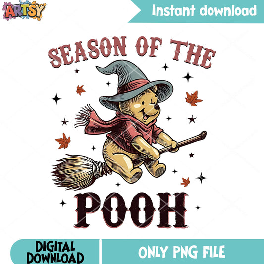Pooh riding broom png, disney halloween png, witch costume png