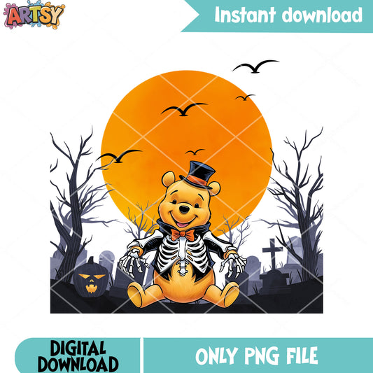 Pooh scary halloween night png, disney halloween png, skeleton costume png