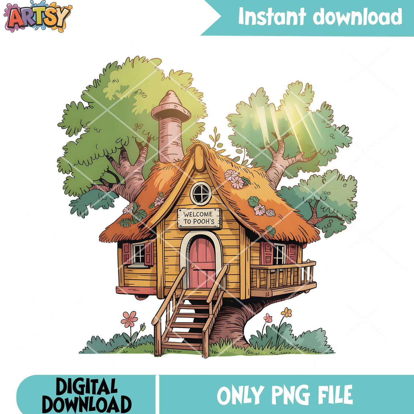 Pooh tree house poster png, pooh home png, disney pooh bear png