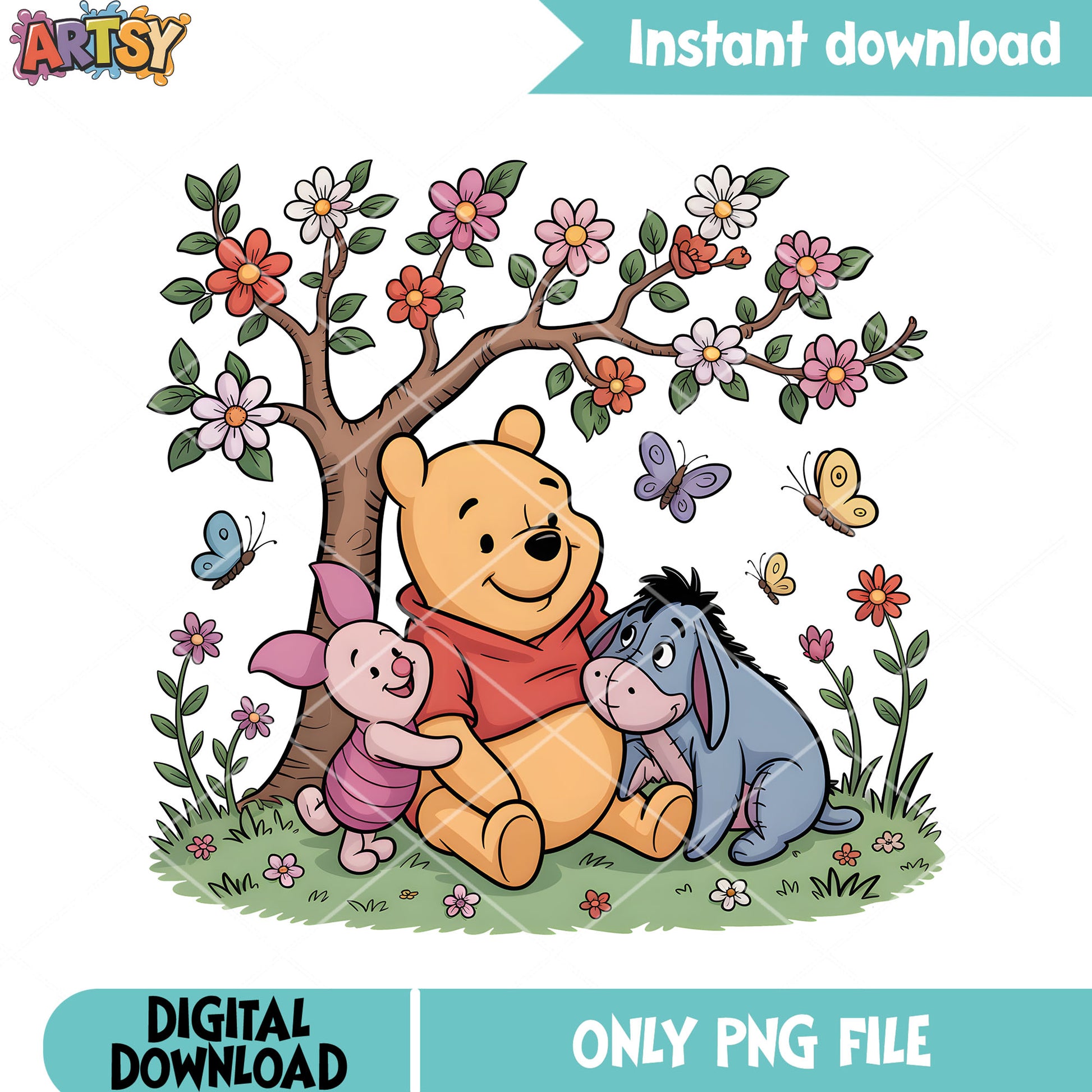 Pooh with friends under flower tree png, pooh and friends png, pooh bear png