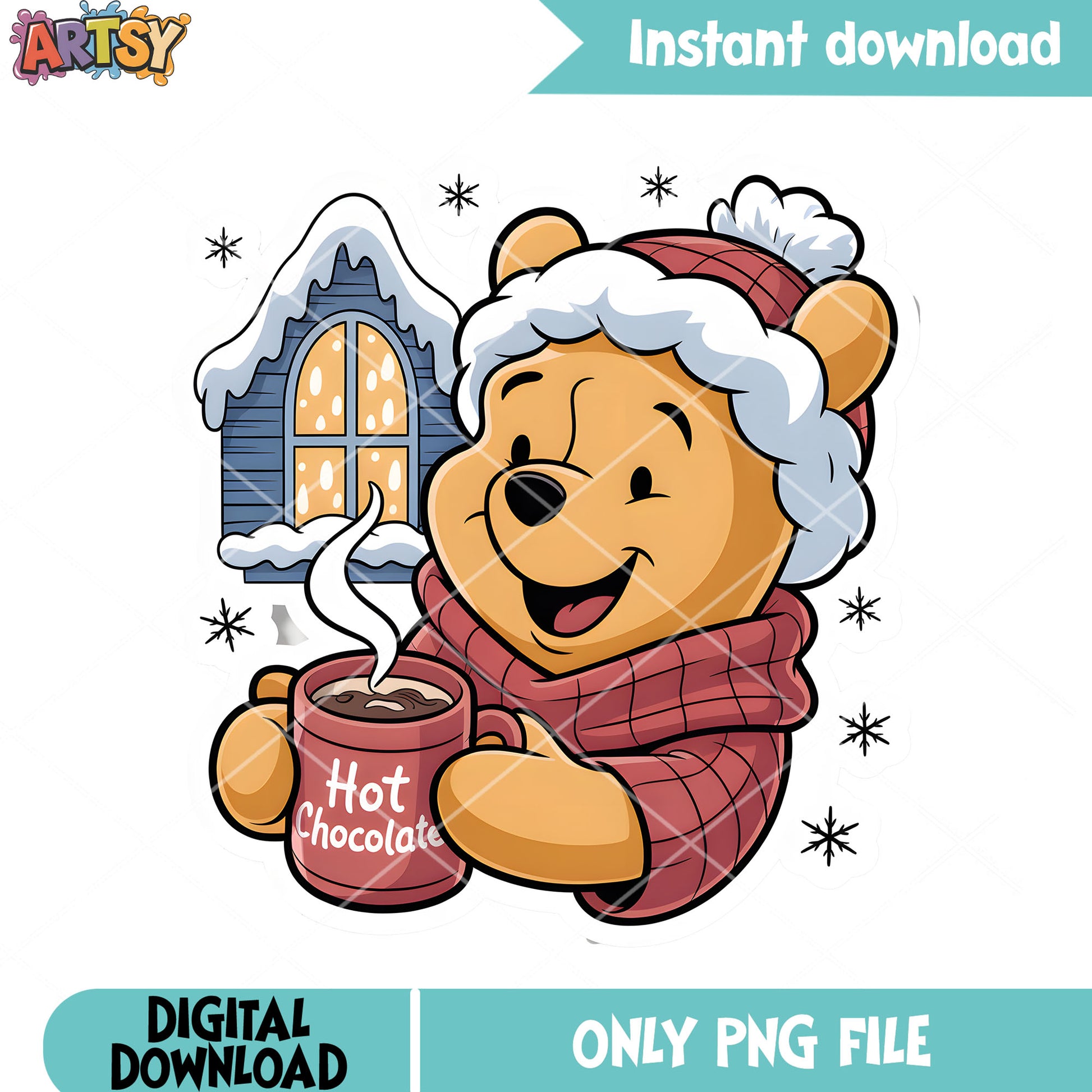 Pooh with hot chocolate png, vintage pooh png, christmas vibes png