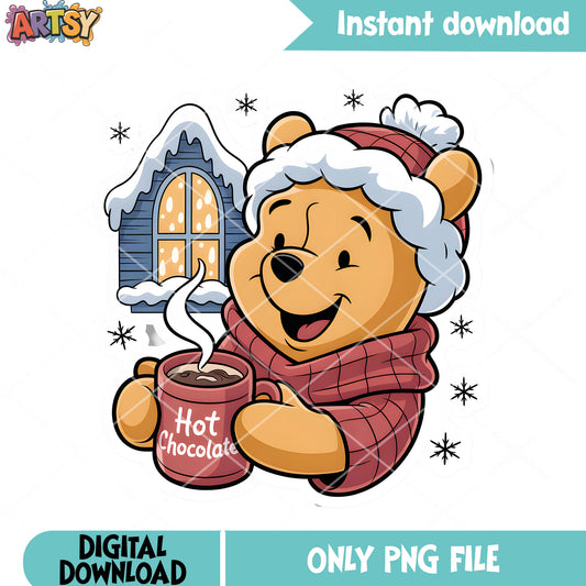 Pooh with hot chocolate png, vintage pooh png, christmas vibes png