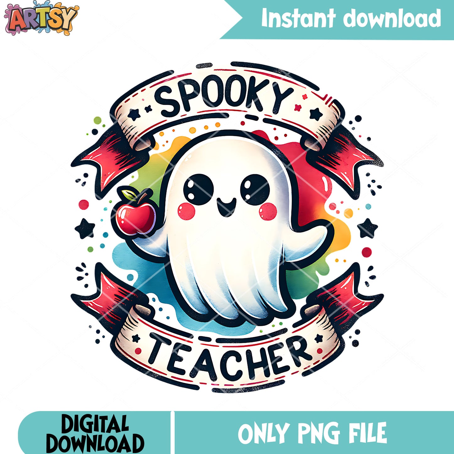 Pop art baby ghost png, red apple png, scary halloween png