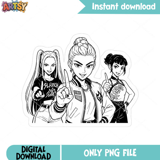 Poster huntrx white black png, kpop girls png, anime group girls png