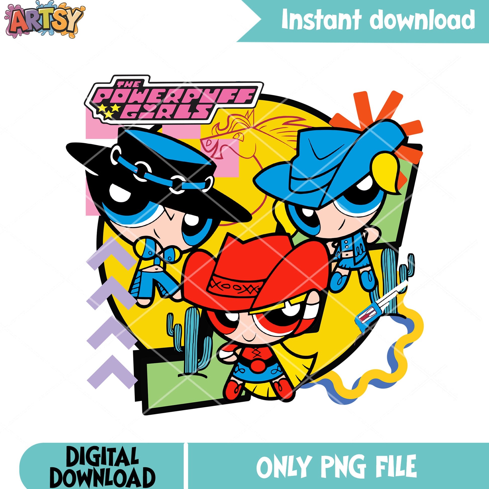 Powerpuff Girls cowboy style with cactus and horse png, cartoon png