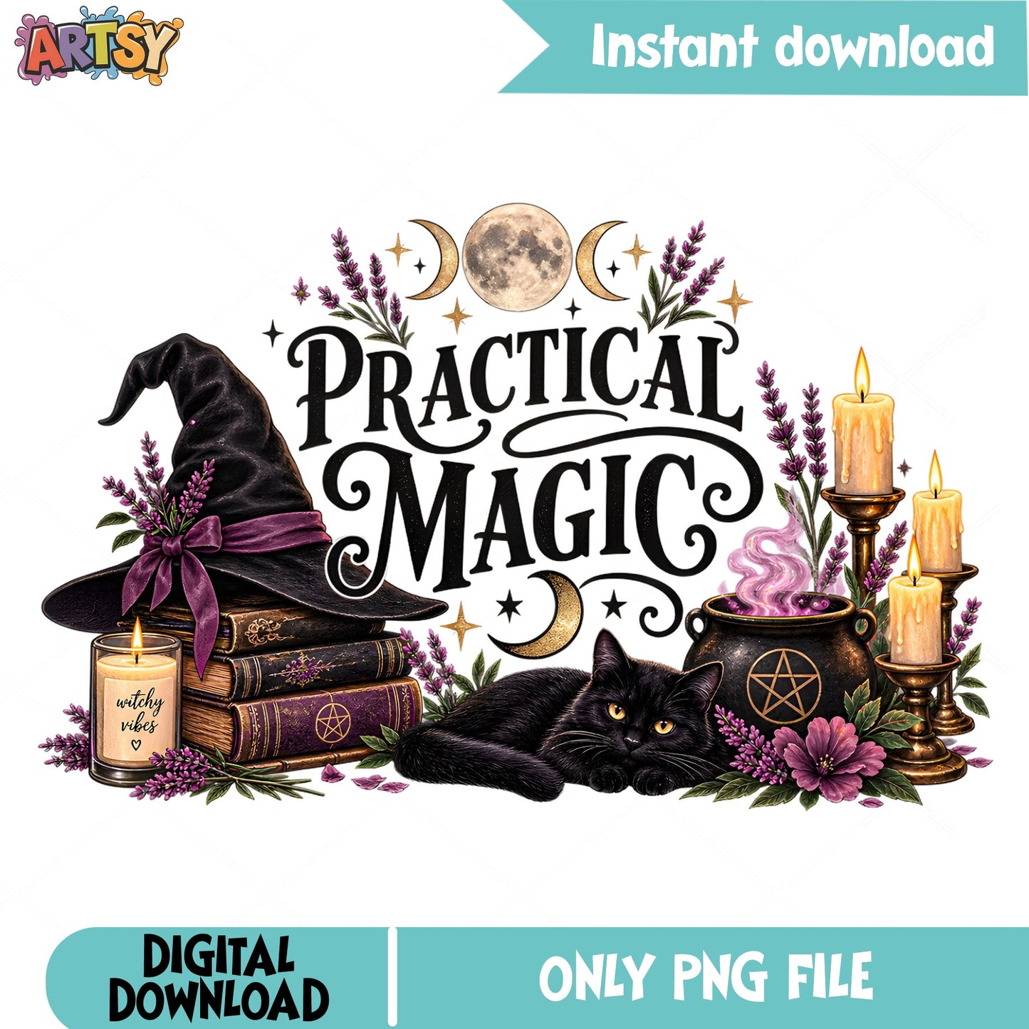 Practical Magic Witch PNG, Black Cat Halloween PNG, Witchy Vibes PNG