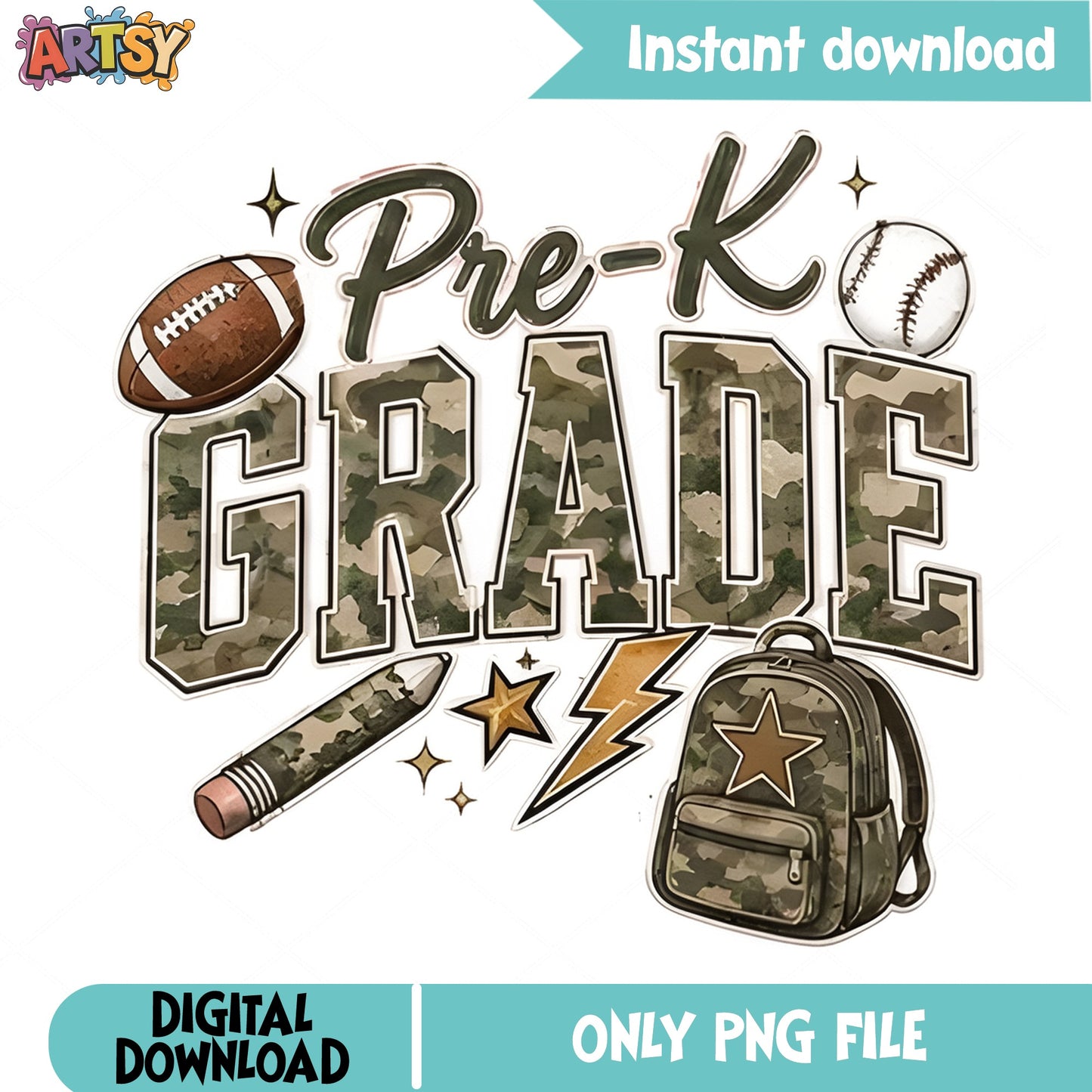 Pre-K Grade Camo PNG, Back To School PNG, Football PNG