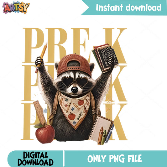 Pre-K Raccoon PNG, Back To School PNG, First Day Of School PNG