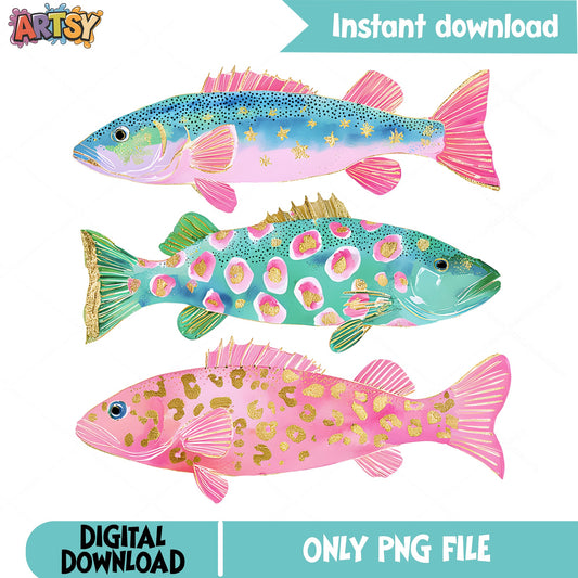 Preppy Fish PNG Bundle, Colorful Fish Clipart, Fishing PNG