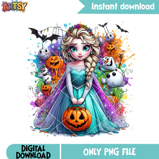 Princess Elsaa png, halloween disney png, pumpkin basket png