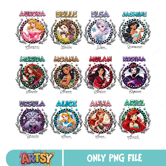 Princess disney circle png bundle, disney princess png, disney characters png