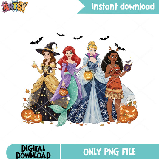 Princess halloween costume png, disney halloween png, scary pumpkin png