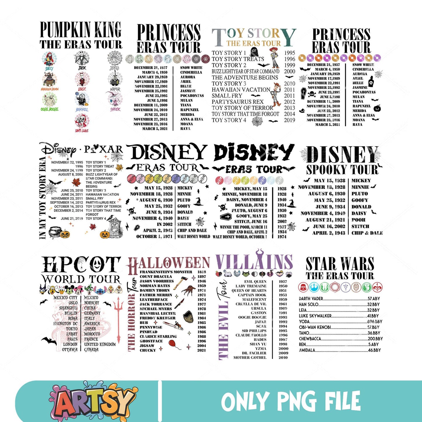 Princess halloween tour png bundle, disney halloween png, spooky disney png