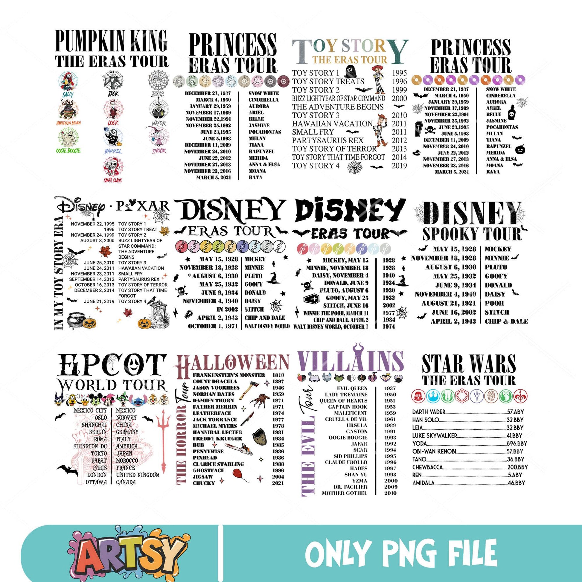 Princess halloween tour png bundle, disney halloween png, spooky disney png