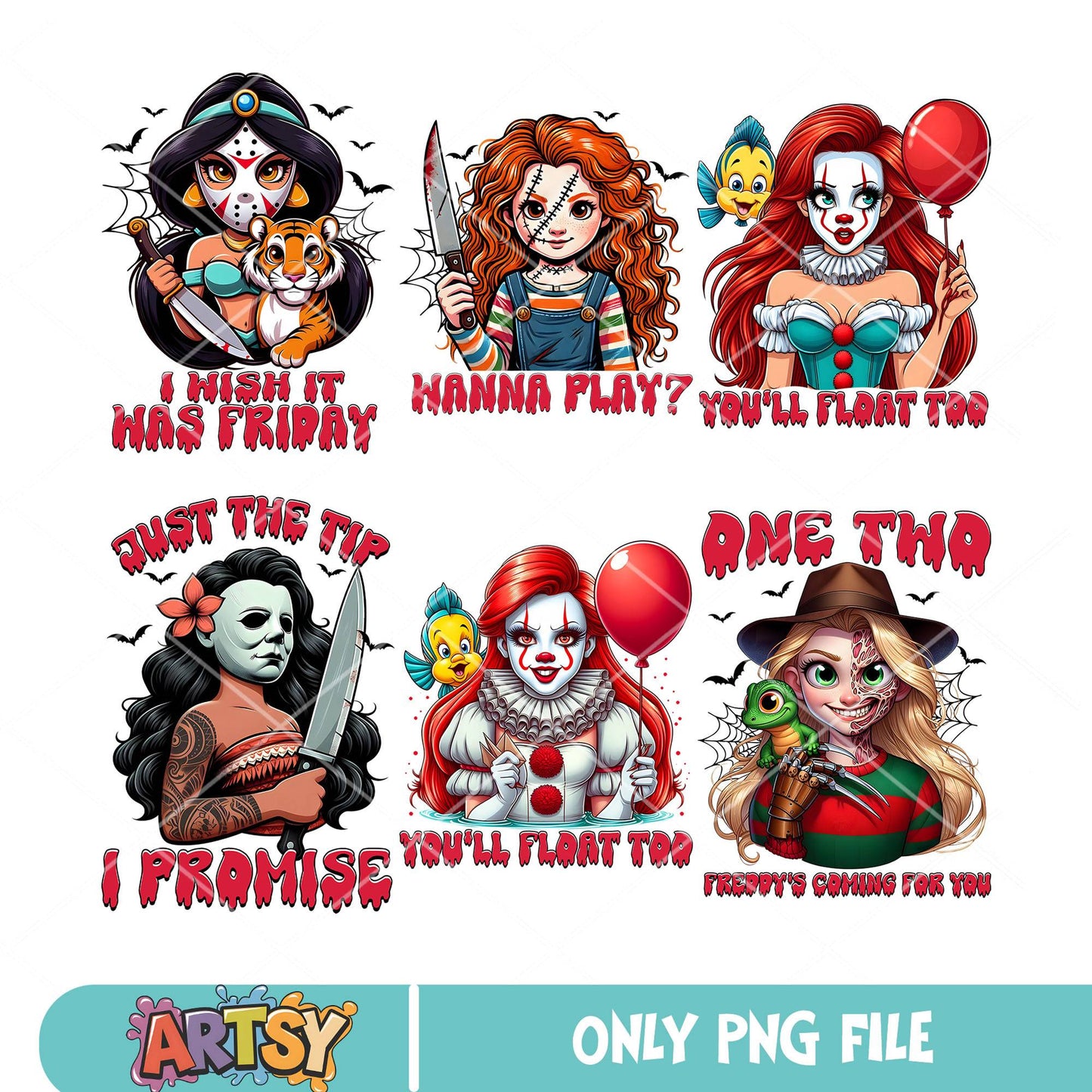 Princess horror halloween png bundle, disney princess png, princess halloween png