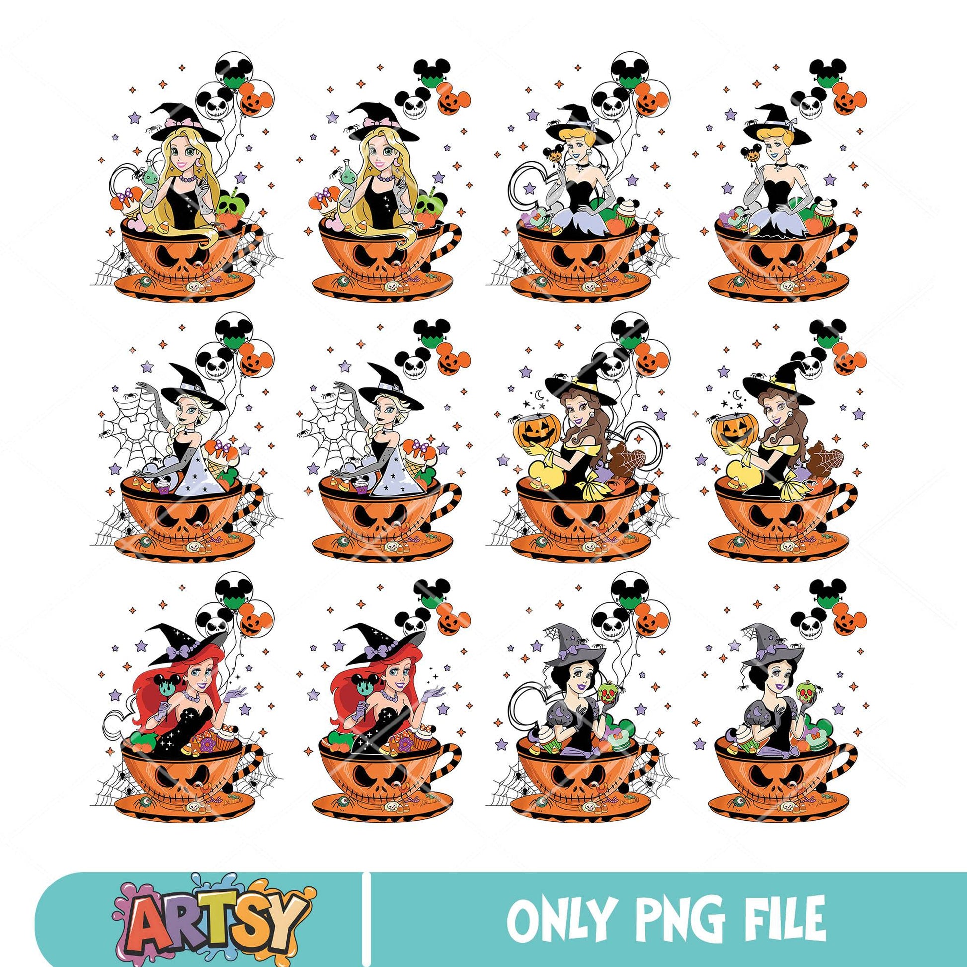 Princess pumpkin coffee png bundle, princess halloween png, pumpkin coffee png