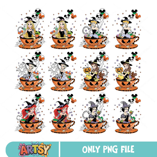 Princess pumpkin coffee png bundle, princess halloween png, pumpkin coffee png