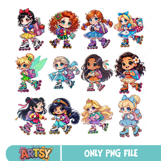 Princess roller skating png bundle, disney girl cute png, back to school png