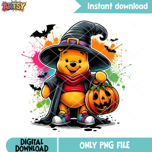 Pumpkin Pooh Bear halloween png, jack o lantern png, pumpkin basket png