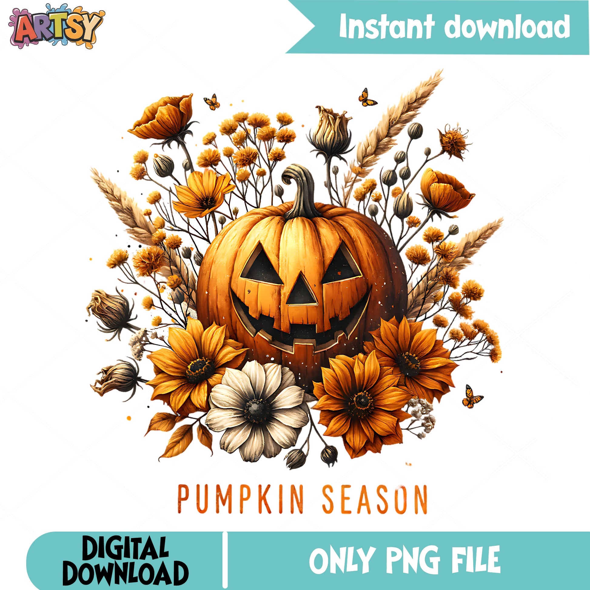 Pumpkin Season Floral Halloween PNG, Jack O Lantern PNG, Fall PNG