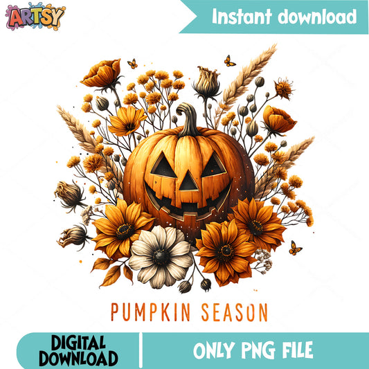 Pumpkin Season Floral Halloween PNG, Jack O Lantern PNG, Fall PNG