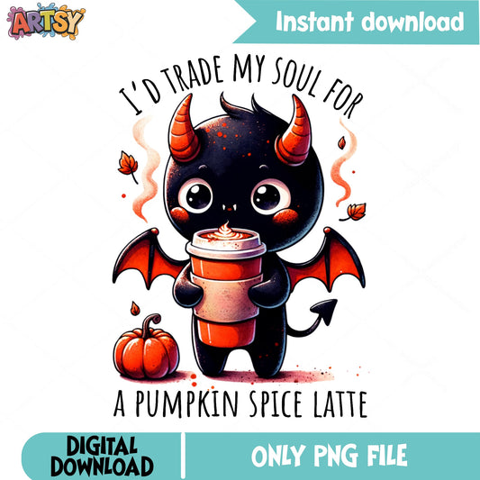 Pumpkin Spice Latte Demon PNG, Funny Halloween PNG, Fall PNG