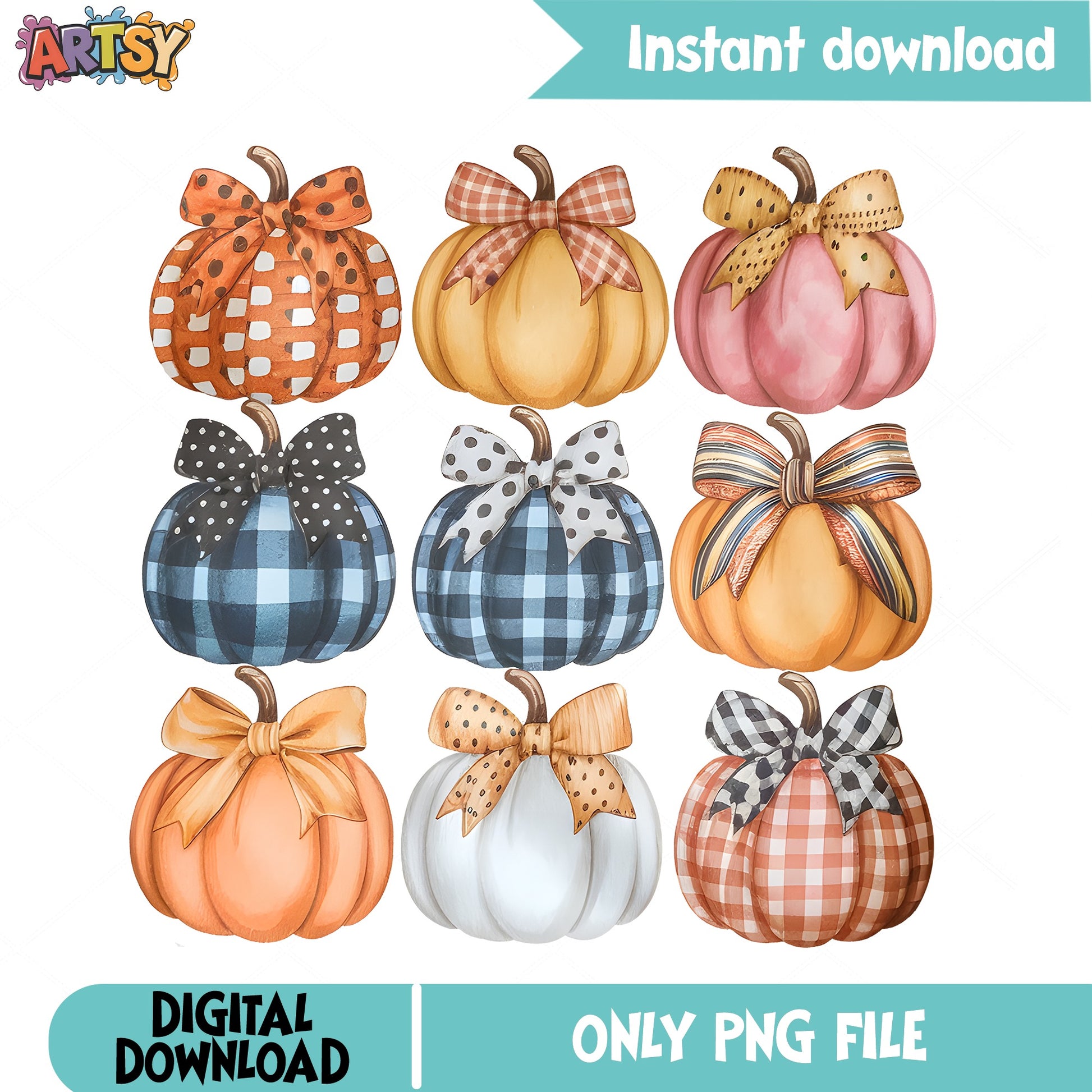 Pumpkin With Bow PNG Bundle, Fall Autumn Clipart PNG, Halloween PNG