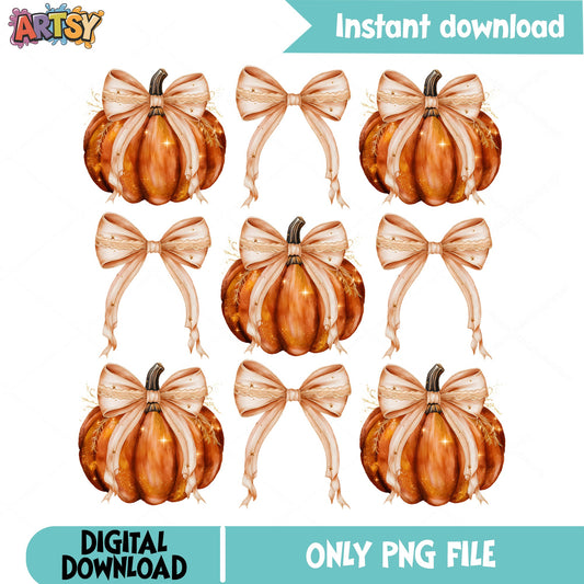 Pumpkin With Bow PNG Bundle, Fall Clipart PNG, Halloween PNG