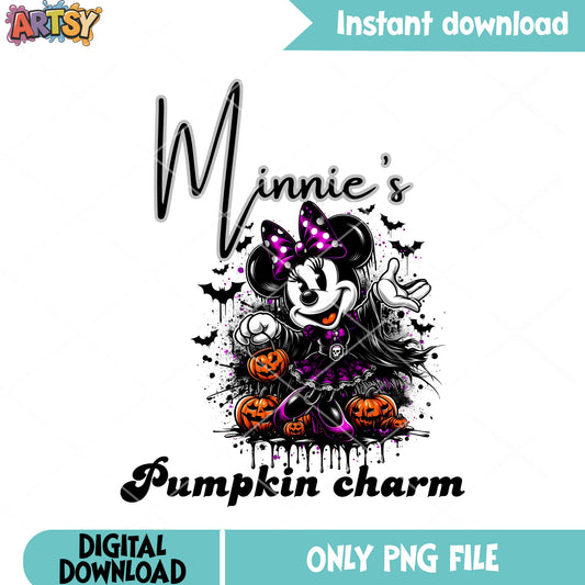 Pumpkin charm minnie png, spooky minnie png, pink bow tie png