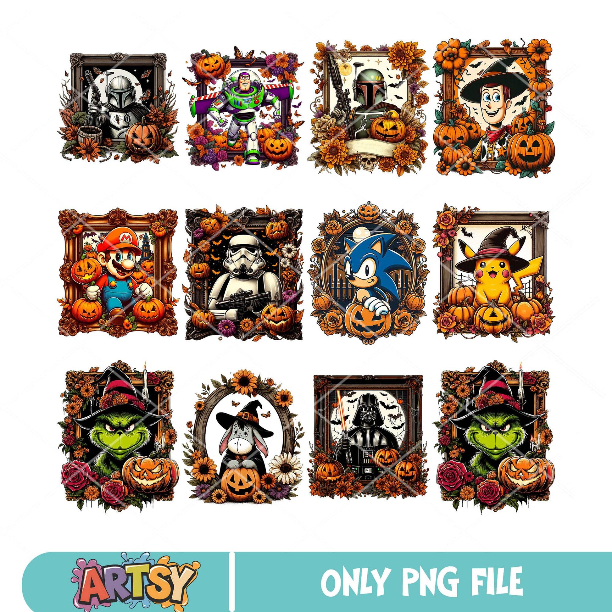 Pumpkin disney box png bundle, disney pumpkin png, disney characters png