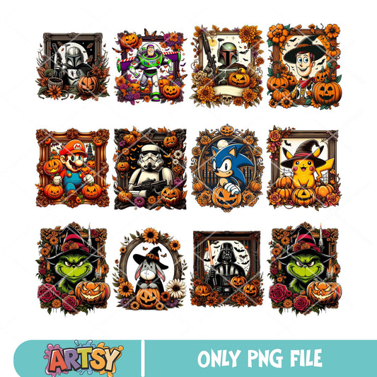 Pumpkin disney box png bundle, disney pumpkin png, disney characters png