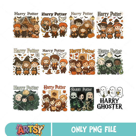Pumpkin harry potter png bundle, harry potter chibi png, harry potter png