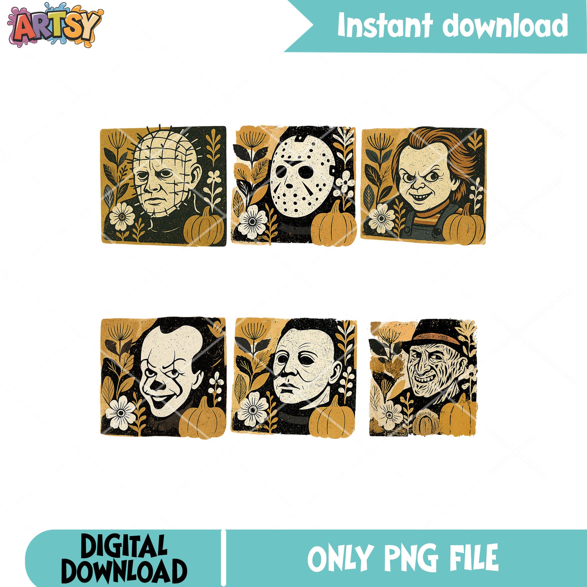 Pumpkin horror characters png bundle, horror pumpkin png, horror movies png