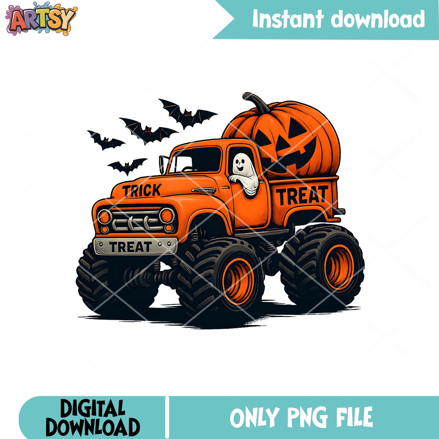 Pumpkin truck halloween png, pumpkin ghost png, trick or treat png