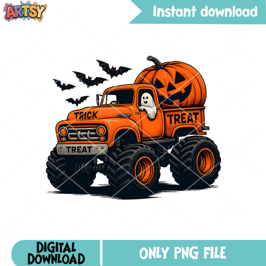 Pumpkin truck halloween png, pumpkin ghost png, trick or treat png