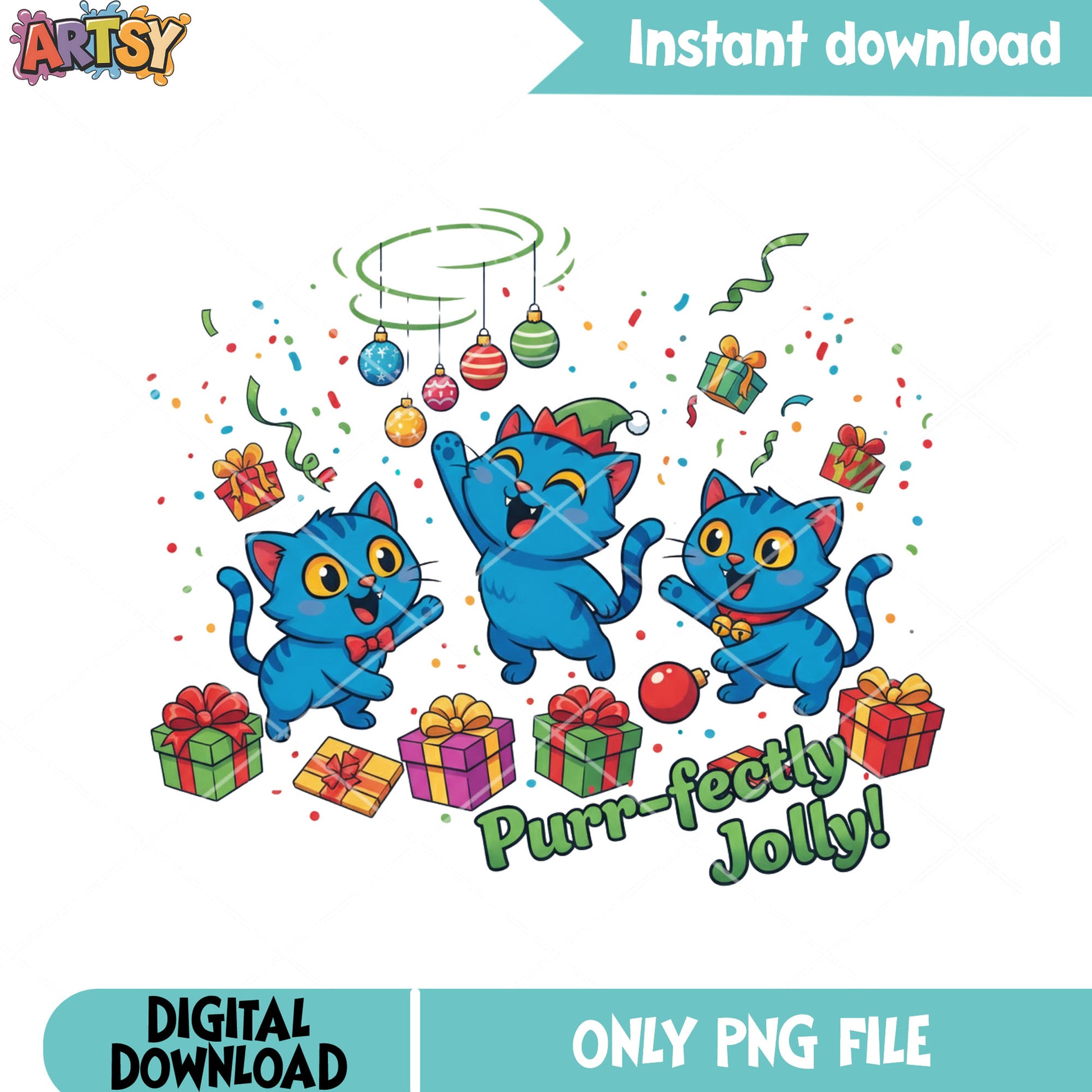 Purrfeetly jolly christmas png,christmas gifts png, derpy cat png