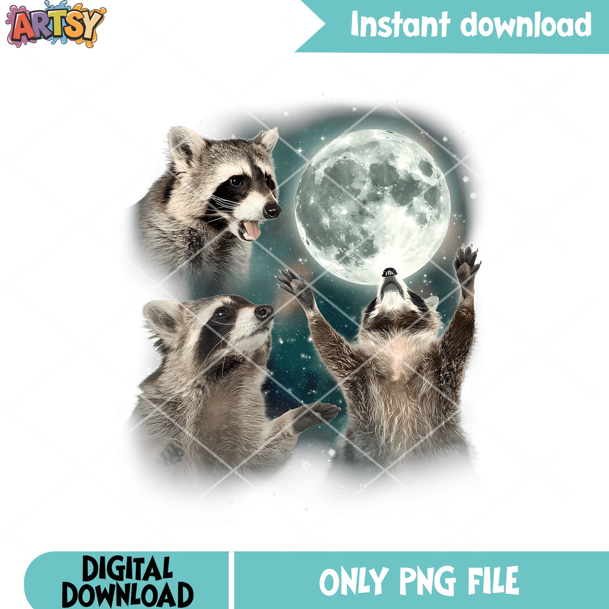 Raccoon 3 Racoons Howling png, disney png, full moon night png