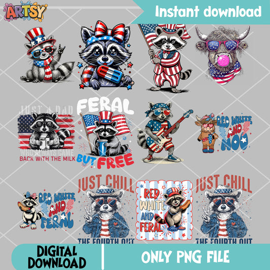 Raccoon 4th of july png bundle, happy 4th of july png, feral raccoon​ png