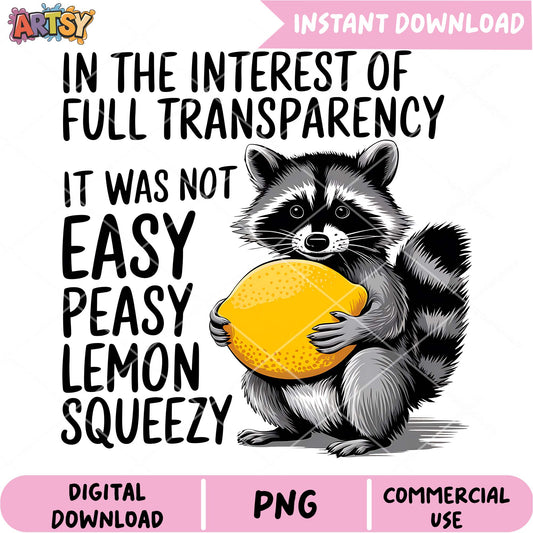 Raccoon Lemon PNG Sublimation Design