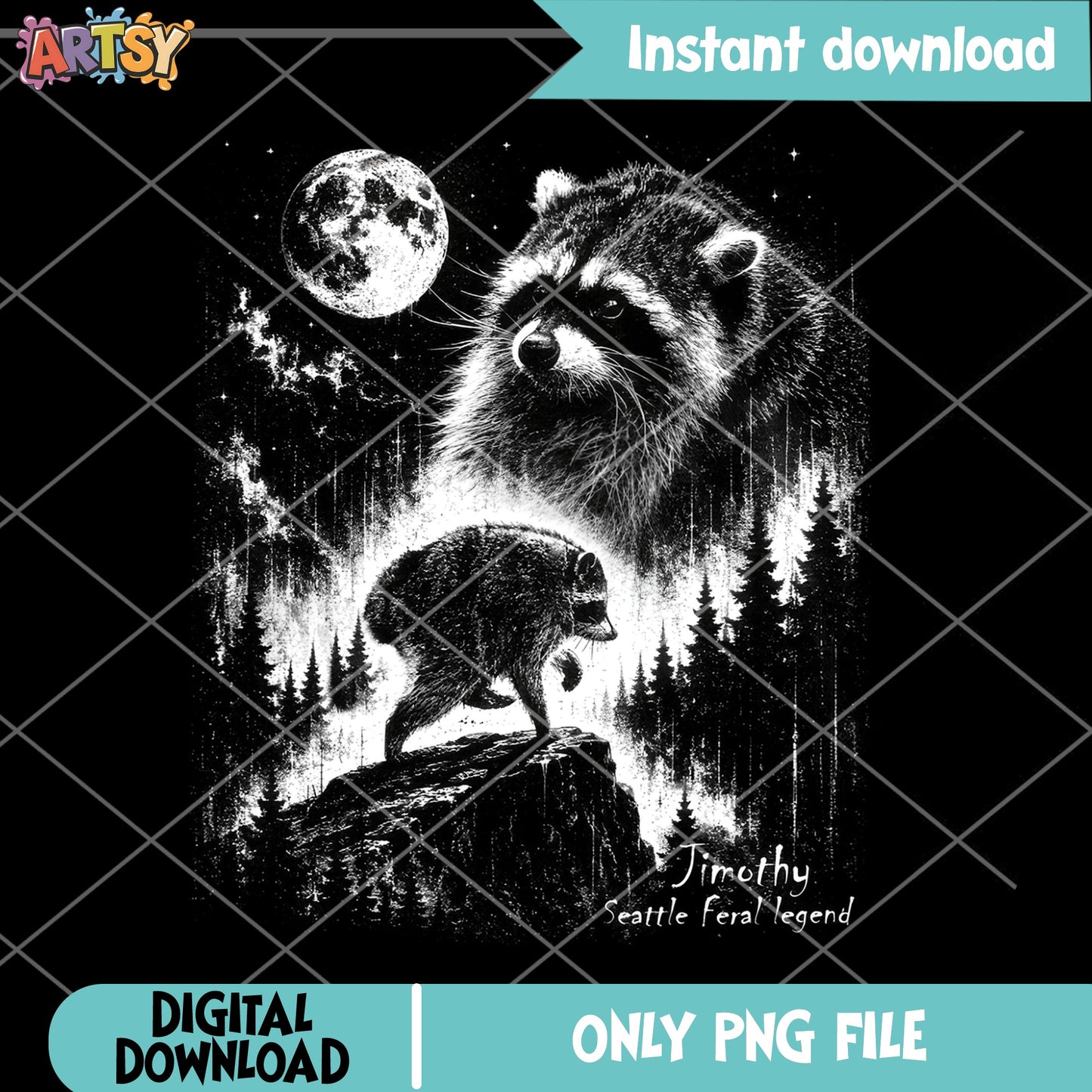 Raccoon Moon Night Forest PNG, Feral Raccoon Shirt PNG, Wildlife PNG