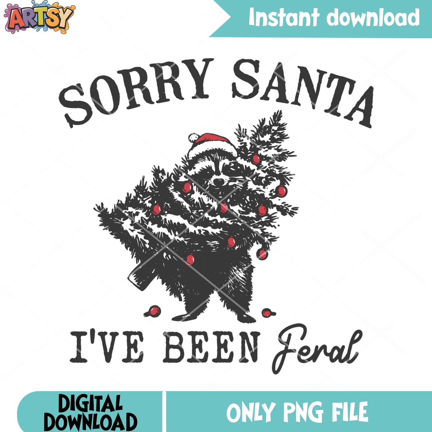 Raccoon santa tree christmas png, raccoon christmas decoration png