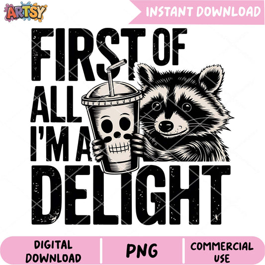Racoon Coffee PNG Design Instant Download