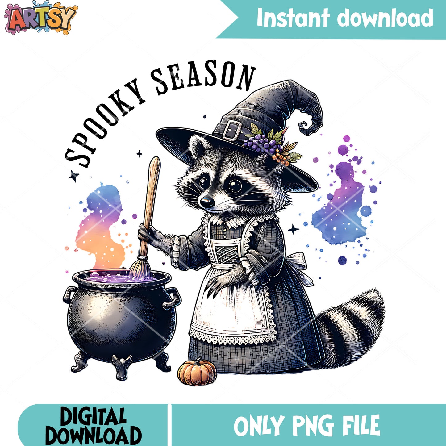 Racoon the witch  png, witches cauldron png, scary halloween png