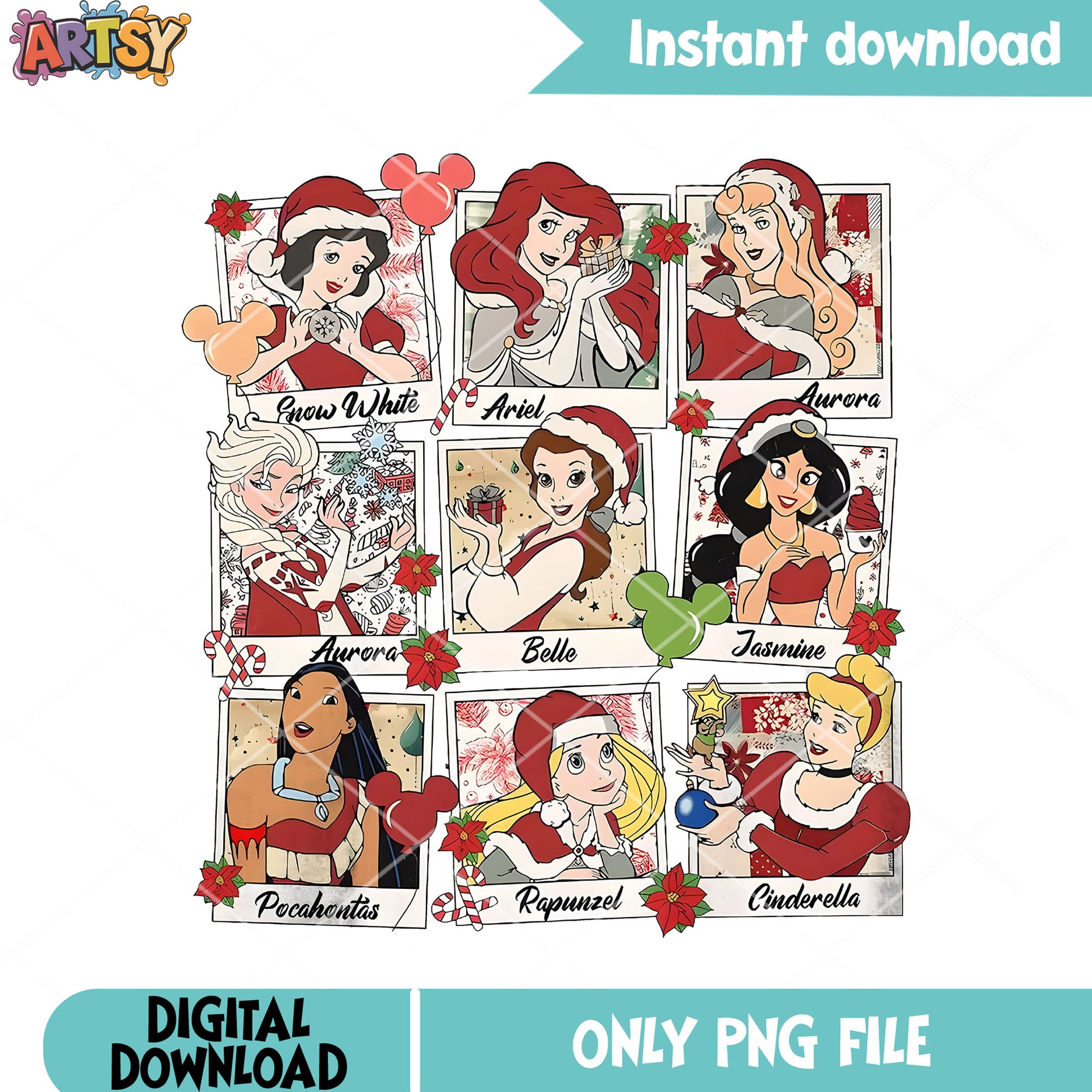 Rapunzel disney christmas png, polaroid grid png, nine princess png