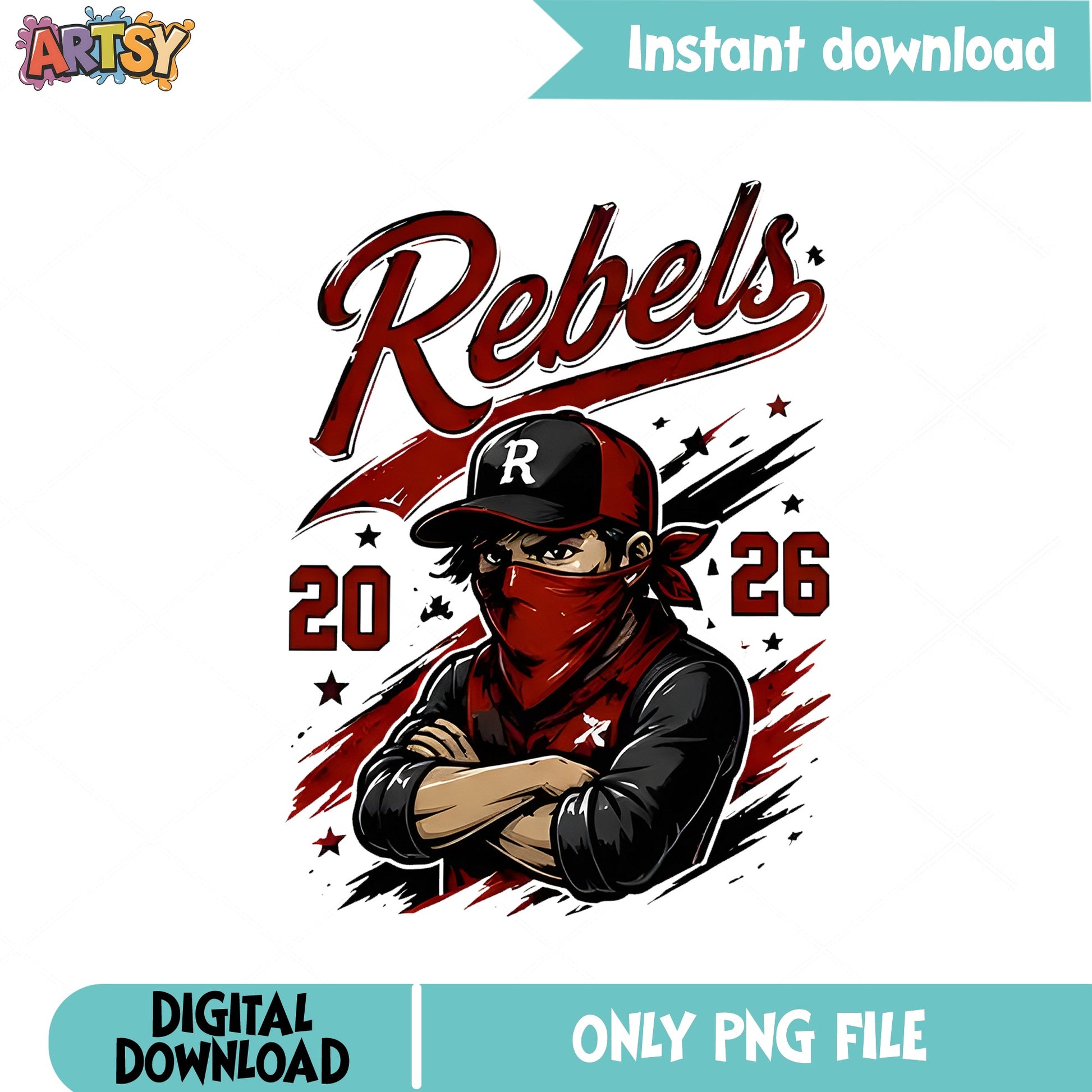 Rebels Baseball Mascot PNG, Team Spirit 2026 PNG, Sublimation PNG