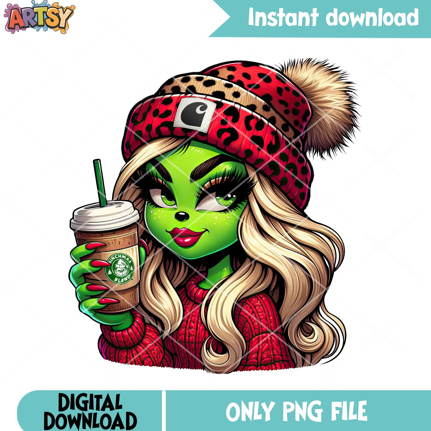 Red Christmas sweater green woman png, merry xmas png, the grinch png