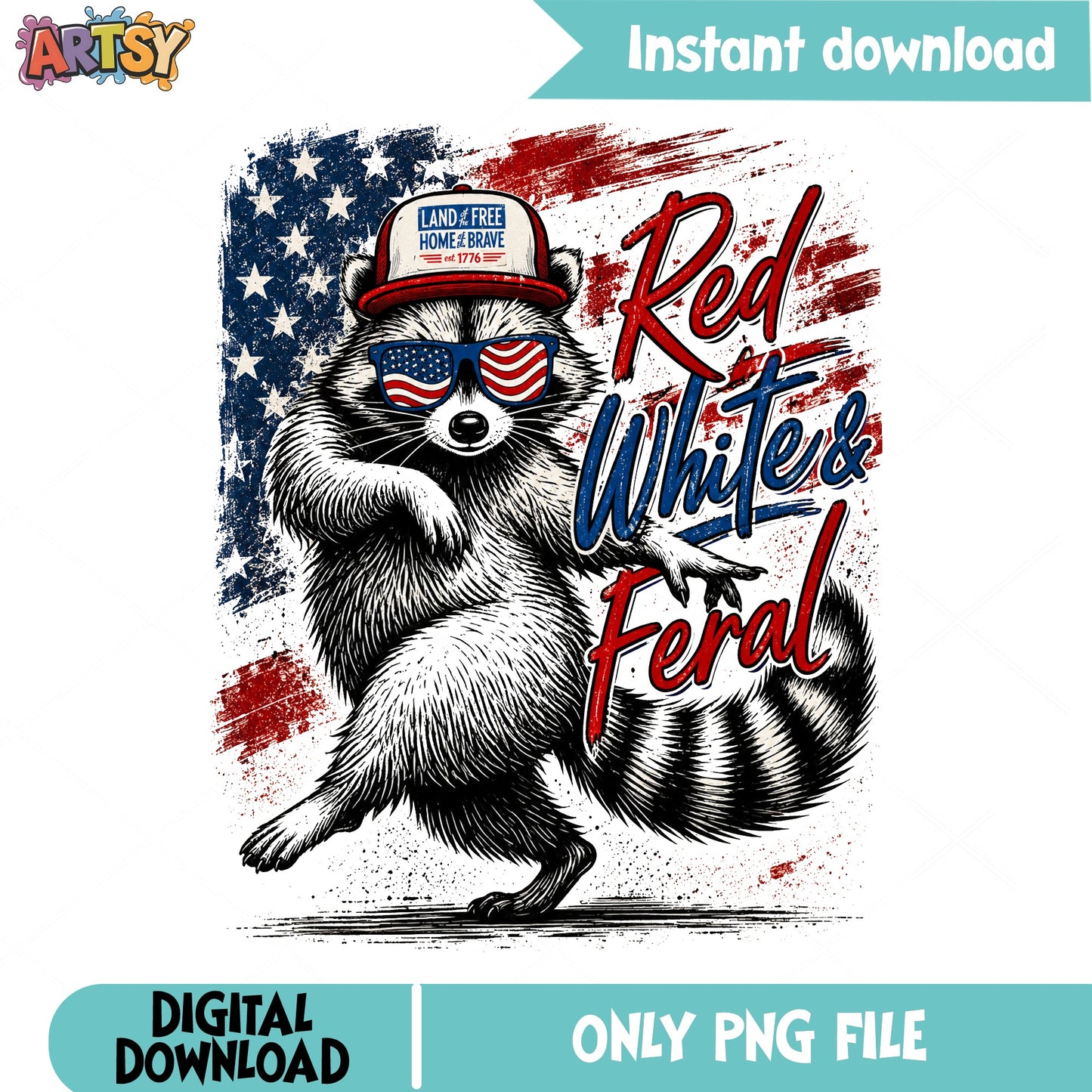 Red White And Feral Raccoon PNG, Funny 4th Of July PNG, Patriotic PNG