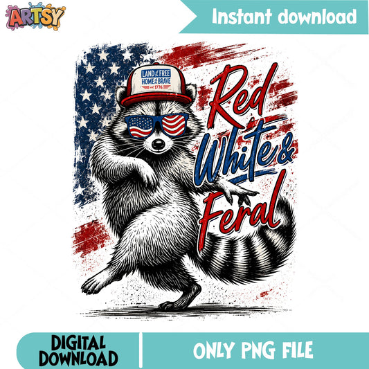 Red White And Feral Raccoon PNG, Funny 4th Of July PNG, Patriotic PNG