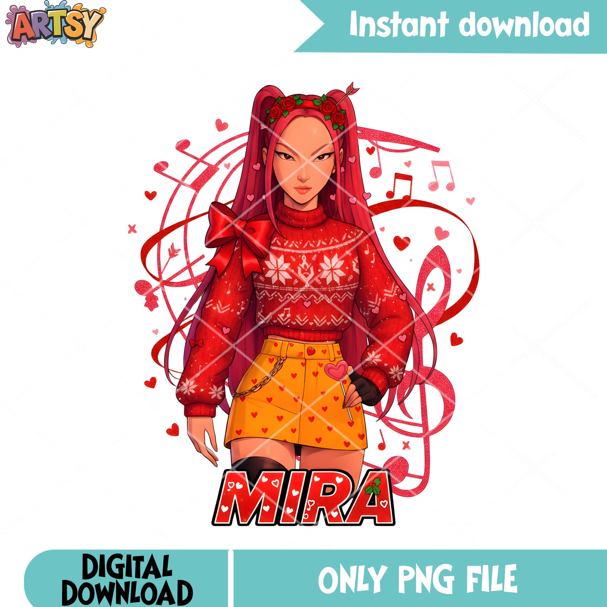 Red sweater mira christmas png, mira huntrix png, merry christmas png