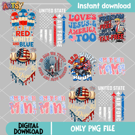 Red white america png bundle, love america png, 4th of july png